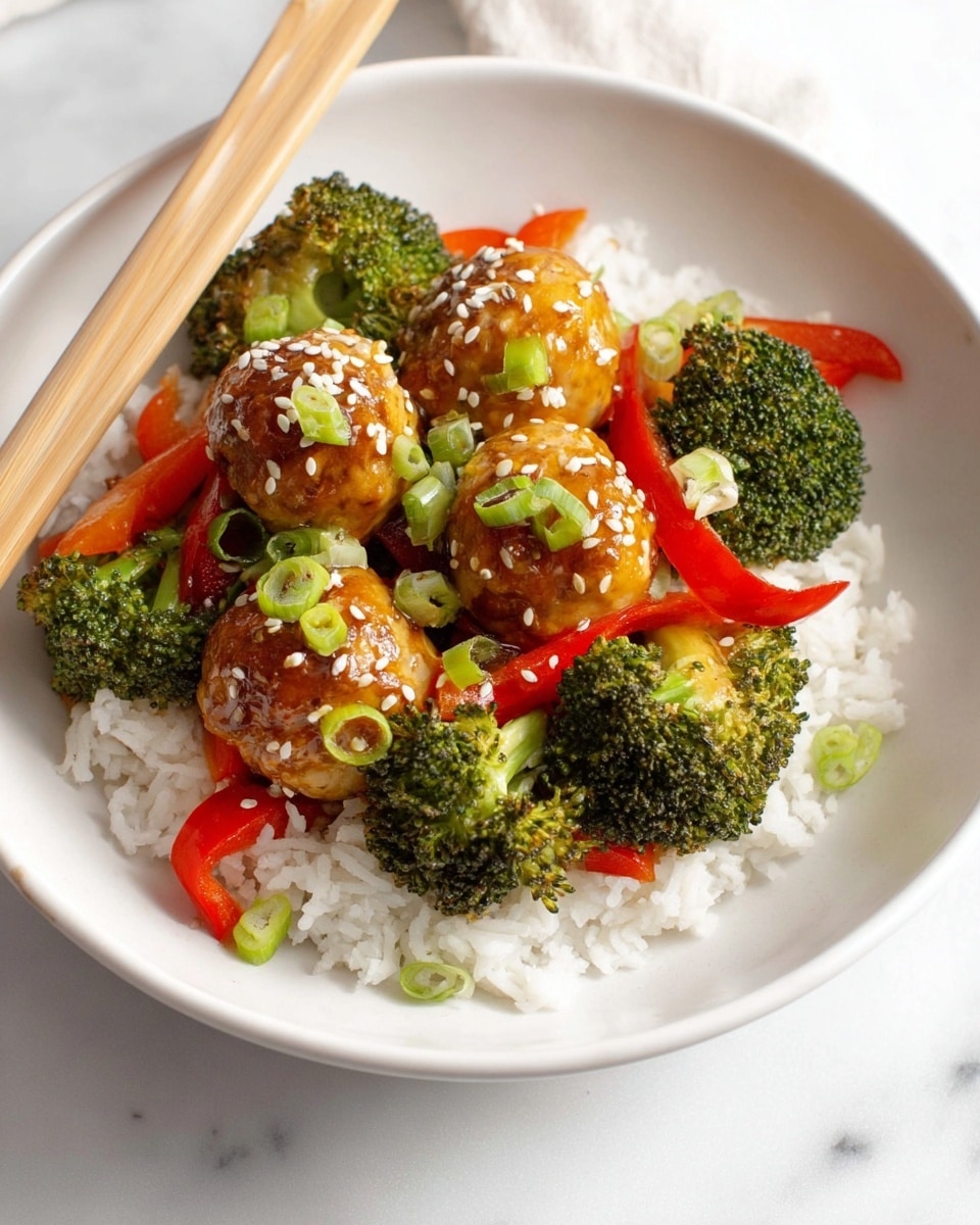 This dish shows four golden-brown meatballs covered with shiny orange glaze and sprinkled with white sesame seeds, arranged loosely in the center. They sit on a bed of white rice, which forms the bottom layer with fluffy texture. Around and under the meatballs, there are bright green broccoli florets and pieces of red bell pepper, adding fresh and colorful contrast. Small slices of green onion are scattered on top, offering a fresh green touch. All of this is placed on a round white plate, and the background is a white marbled surface. Photo taken with an iphone --ar 4:5 --v 7