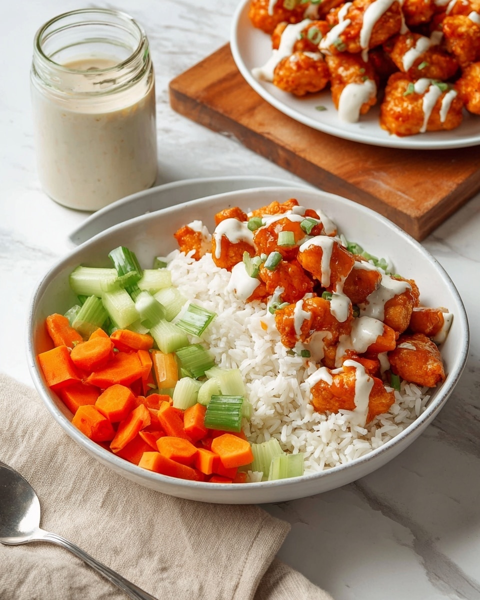 A white bowl holds a layered dish starting with a base of fluffy white rice covering half the bowl. On one side, there is a fresh mix of diced bright orange carrots and sliced light green celery. On top of the rice in the center, there are small, golden-brown chicken pieces coated in a reddish-orange sauce, each piece drizzled with creamy white dressing. Behind the bowl, a white plate with more chicken pieces sits on a wooden board, and a small glass jar of the same creamy sauce is placed nearby. The scene is set on a white marbled surface with a metal spoon and a beige cloth napkin at the bottom left. photo taken with an iphone --ar 4:5 --v 7