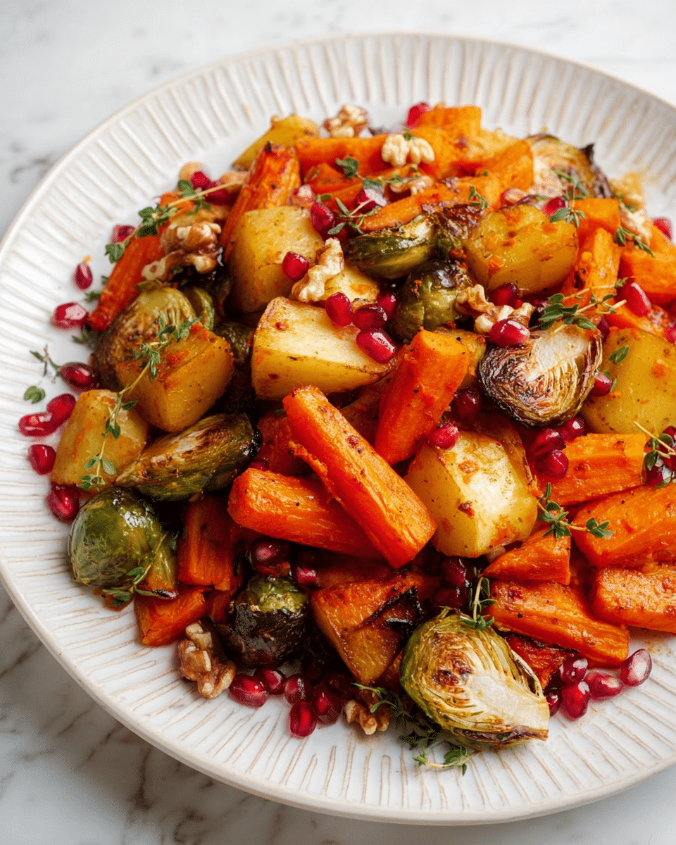 A white scalloped plate filled with three layers of roasted vegetables and garnishes. The bottom layer has chunks of orange sweet potatoes and pale brown roasted parsnips. Above them are golden-browned Brussels sprouts, some halved to show their dense interior. On top, bright red pomegranate seeds and small pieces of light brown walnuts are scattered, adding pops of color. Small green thyme leaves are spread across the dish. The plate rests on a white marbled surface with a white cloth and sprigs of thyme nearby. Photo taken with an iphone --ar 4:5 --v 7