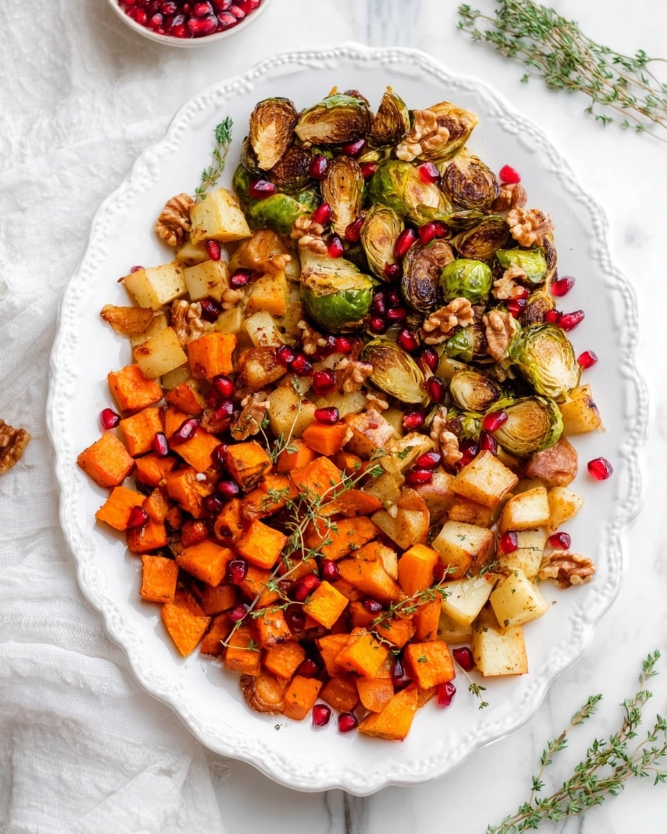 The dish is served on a white plate with gentle ridges along the edge, placed on a white marbled surface. It has three main layers of roasted vegetables: the first layer includes golden brown chunks of roasted parsnip with a slightly crispy texture; next are bright orange roasted carrot pieces, cut lengthwise and showing a soft, cooked surface; the third layer has halved Brussels sprouts, dark green with crisp, browned edges. Scattered throughout are small, shiny red pomegranate seeds and pieces of light brown, roughly chopped walnuts. Tiny green thyme leaves are sprinkled on top, adding a fresh touch. The overall look is warm, colorful, and textured with a mix of smooth and crispy surfaces. photo taken with an iphone --ar 4:5 --v 7