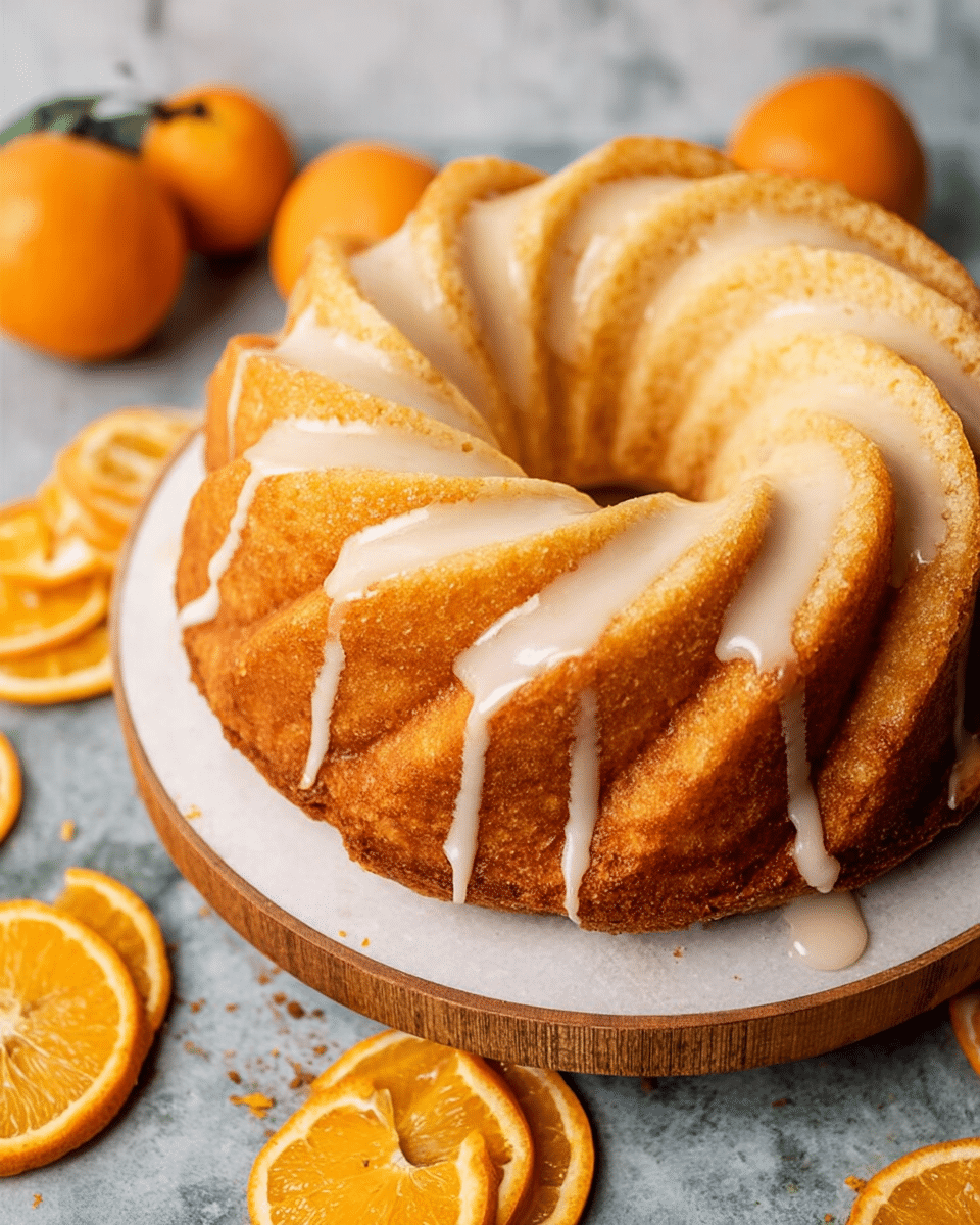 A two-layer bundt cake with a light golden brown color and a smooth, swirled shape is placed on a white wooden round board. The cake has a thin, white glaze drizzled over the top and dripping slightly down the sides. Around the base of the cake, there are several orange slices and whole oranges placed casually. The whole scene is set on a white marbled textured surface. photo taken with an iphone --ar 4:5 --v 7