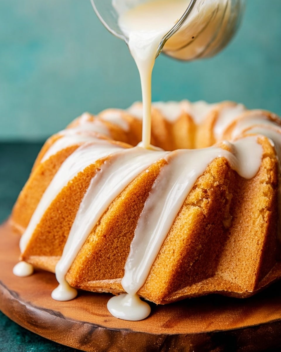 A golden-brown bundt cake with a spiral pattern sits on a round wooden board. White glaze is being poured from a clear glass container over the top of the cake, flowing down the ridges and pooling slightly on the wooden surface. The cake's texture looks soft and slightly crumbly, and the glaze has a smooth, glossy finish. The background is a soft teal color, while the surface below the wooden board is changed to white marbled texture. photo taken with an iphone --ar 4:5 --v 7