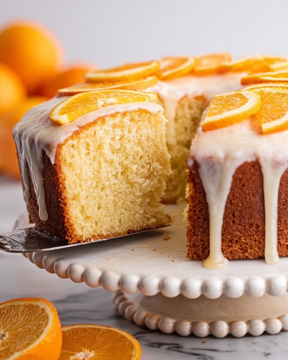 A single-layer round orange cake with light brown sides and a soft, moist texture is shown with one slice cut out, revealing a light yellow, airy inside. The top of the cake is covered in a white glaze that drips down the sides unevenly. Thin, bright orange slices are neatly placed on top of the glaze around the edge. The cake sits on a white cake stand with rounded bead-like edges, placed on a white marbled surface. A silver cake server is lifting the cut slice. In the background, whole and halved oranges are softly blurred. Photo taken with an iphone --ar 4:5 --v 7