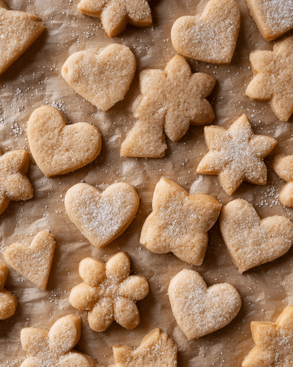 The image shows many small cookie pieces on a brown baking paper. The cookies come in different shapes, including hearts, stars, and flowers. Each cookie has a rough surface texture and is topped with a light dusting of white sugar. The cookies have a pale golden color, showing a soft baked look, and are closely arranged, some slightly overlapping. The background is a white marbled texture. photo taken with an iphone --ar 4:5 --v 7