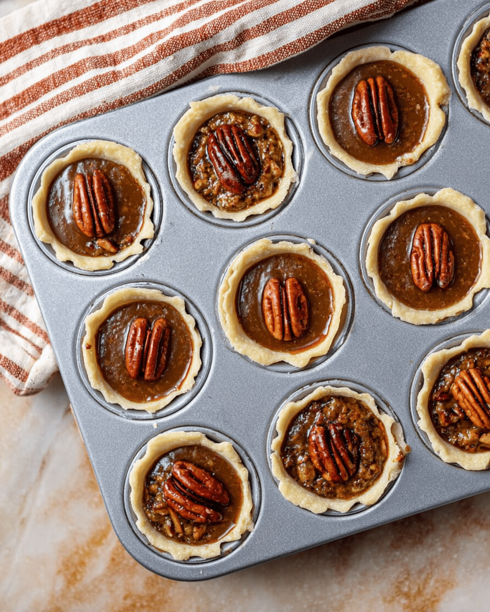 The image shows many small pecan tarts with a crumbly light golden crust forming the base and sides. Each tart is filled with a rich, gooey, dark brown filling that looks sticky and textured. On top of each tart is a single whole pecan, dark reddish-brown and slightly shiny, placed in the center. One tart is cut open, revealing the thick, syrupy filling with pecan pieces inside. All tarts are arranged closely on a metal cooling rack, placed on a white marbled surface. photo taken with an iphone --ar 4:5 --v 7