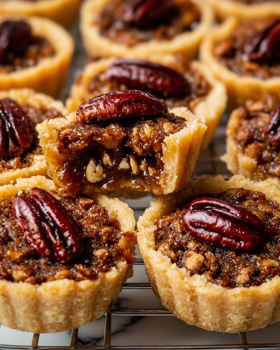 The image shows a metal muffin tray with twelve small tart shells filled with a brown pecan filling. Each tart shell has a pale, slightly thick crust that holds a smooth, glossy dark brown layer of sweet filling. On top of each filling rests a single pecan half, placed in the center. The tart shells are evenly spaced, and some crust edges are uneven, giving a handmade look. The background is a white marbled texture with a striped cloth partially visible in the top left corner. photo taken with an iphone --ar 4:5 --v 7