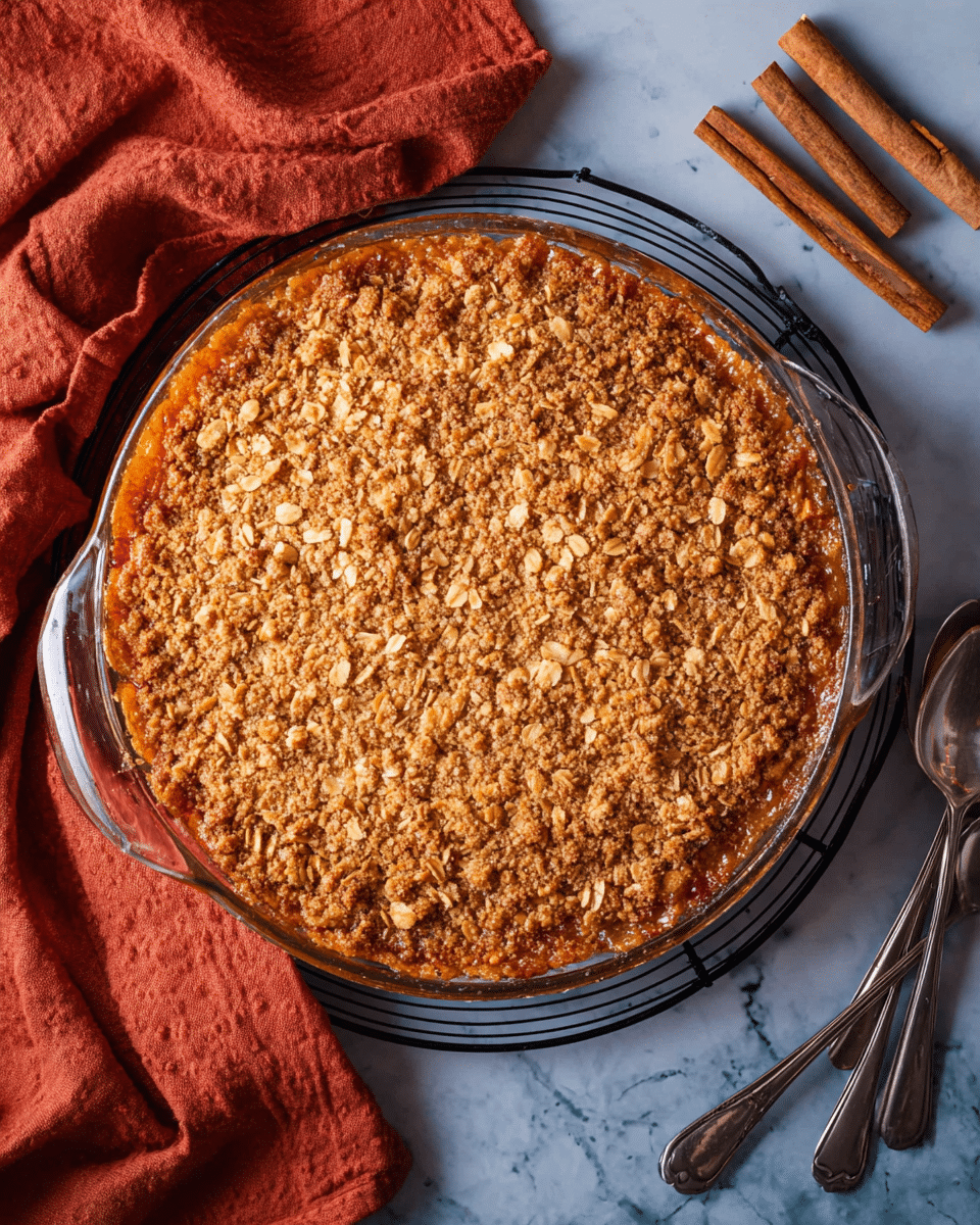 A clear glass pie dish holds a warm dessert with three visible layers: the bottom layer is smooth and bright orange pumpkin filling, the middle layer is a thick crunchy oat and brown crumb topping, and on top are two creamy white ice cream scoops sitting side by side. A silver spoon scoops from the bottom right, digging into the soft pumpkin layer. The pie rests on a black cooling rack set on a white marbled texture, and a burgundy cloth is draped beside it. Small oat flakes are scattered around the pie. Photo taken with an iphone --ar 4:5 --v 7
