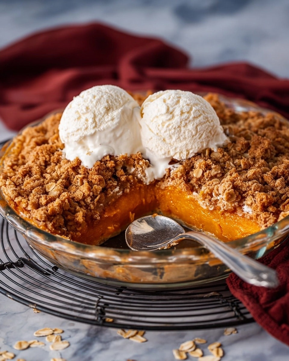 The image shows a baked crumble dessert in a clear round glass pie dish with handles, sitting on a black cooling rack over a white marbled surface. The crumble has a thick, rough textured top layer made of golden brown oats and small chunks, giving it a crunchy look. The crust edges are slightly darker and caramelized, while the filling underneath peeks around the sides in a warm amber color. To the left, three cinnamon sticks lay together, and to the right, two metal spoons rest on a folded rust-colored cloth. photo taken with an iphone --ar 4:5 --v 7