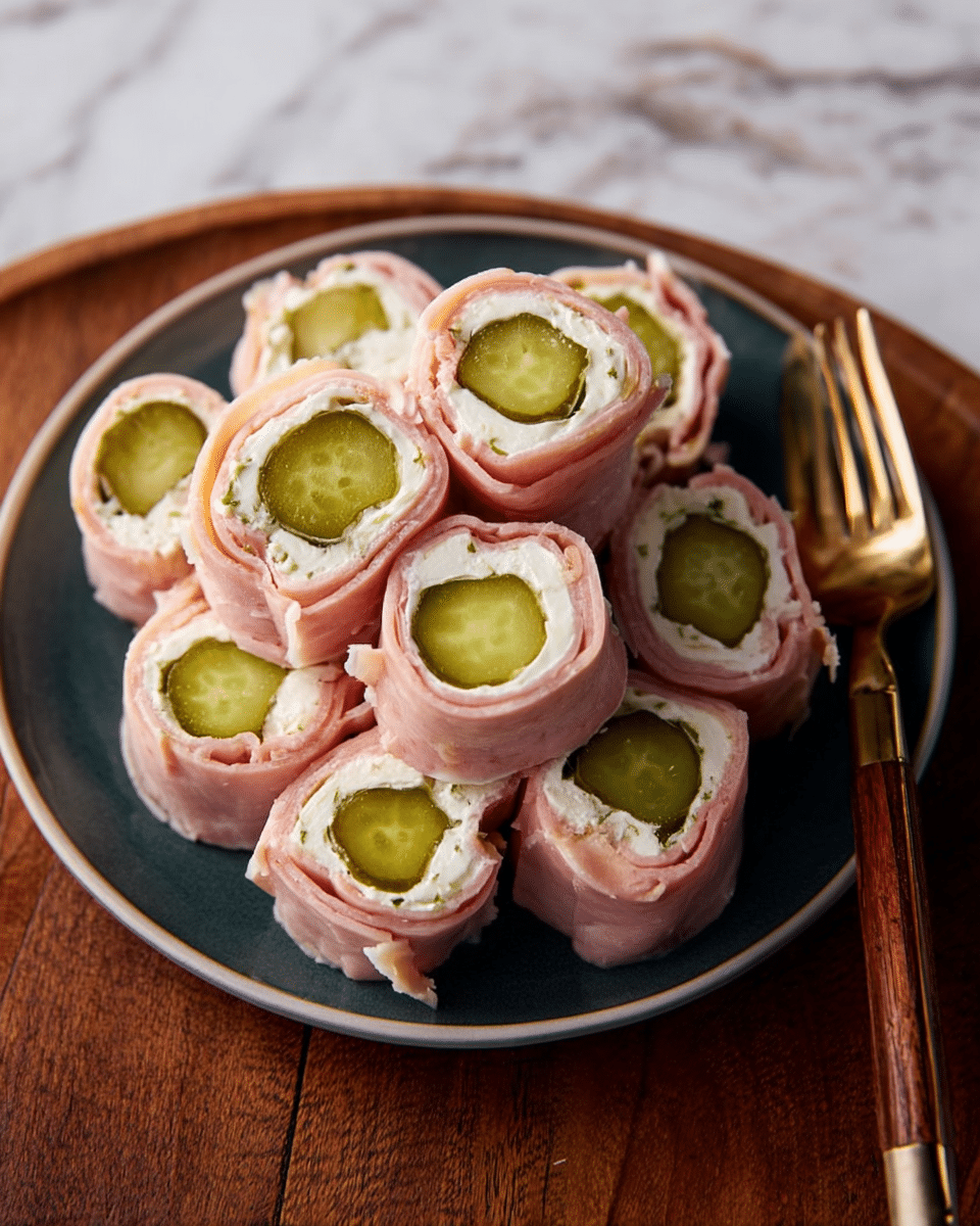 A pile of small rolls arranged on a white plate with a dark inner surface, each roll made of three visible layers: a green pickle slice in the center, surrounded by a white creamy layer, and an outer pink ham layer folded around it, all stacked in a slightly uneven tower shape. A golden fork with a dark wooden handle rests on the right edge of the plate, placed on a wooden surface next to it, with the overall setting on a white marbled texture. photo taken with an iphone --ar 4:5 --v 7