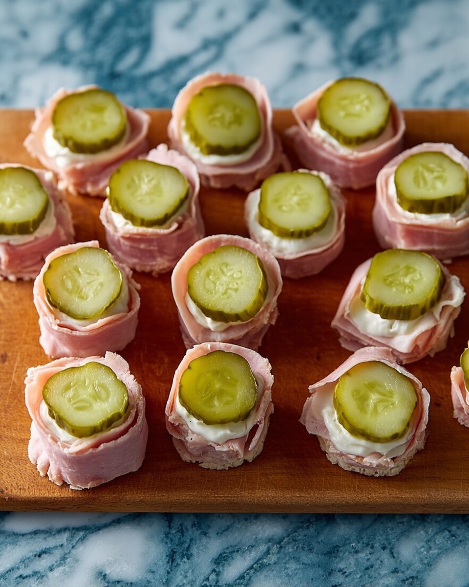 The image shows several bite-sized snacks arranged on a brown cutting board placed over a white marble textured surface. Each snack consists of three layers: a central green pickle slice in the middle, surrounded by a white cream cheese layer, and wrapped on the outside with thin, light pink deli ham. The layers create a round shape with the pickle slice visible in the center. The combination of green, white, and pink colors contrast with the warm brown board and the blue-white marbled surface below. photo taken with an iphone --ar 4:5 --v 7