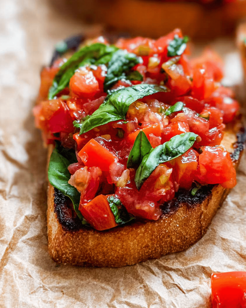 A close-up view of a bruschetta showing one piece of toasted bread with a dark golden brown crust on the edges and a slightly charred texture under the toppings. The first layer is fresh green basil leaves spread over the bread, and on top is a chunky tomato mix made of red diced tomatoes with bits of lighter red and slightly shiny from juice, creating a moist texture. The dish is placed on crumpled light brown paper with a small piece of tomato visible near the bottom right. photo taken with an iphone --ar 4:5 --v 7