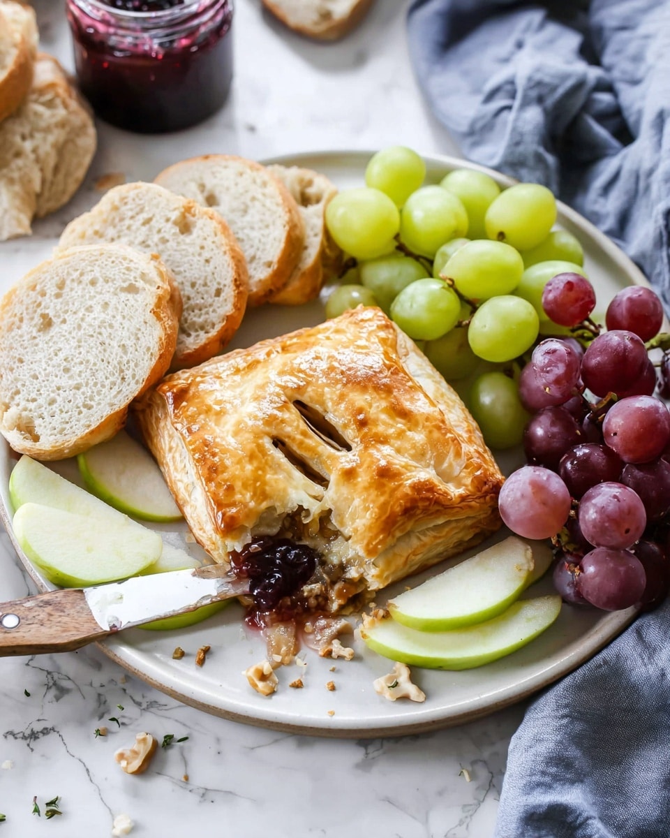 A white plate on a white marbled surface holds a golden-brown, flaky pastry square in the center with three small slits on top, showing melted cheese and dark jam oozing from a partially cut corner with a knife nearby. Around the pastry are thin, evenly sliced green apple pieces sprinkled with small nut pieces, a bunch of purple grapes on the right, and several pieces of light brown crusty bread arranged on the left. In the background, a jar of dark red jam and a soft blue and white cloth are visible. photo taken with an iphone --ar 4:5 --v 7