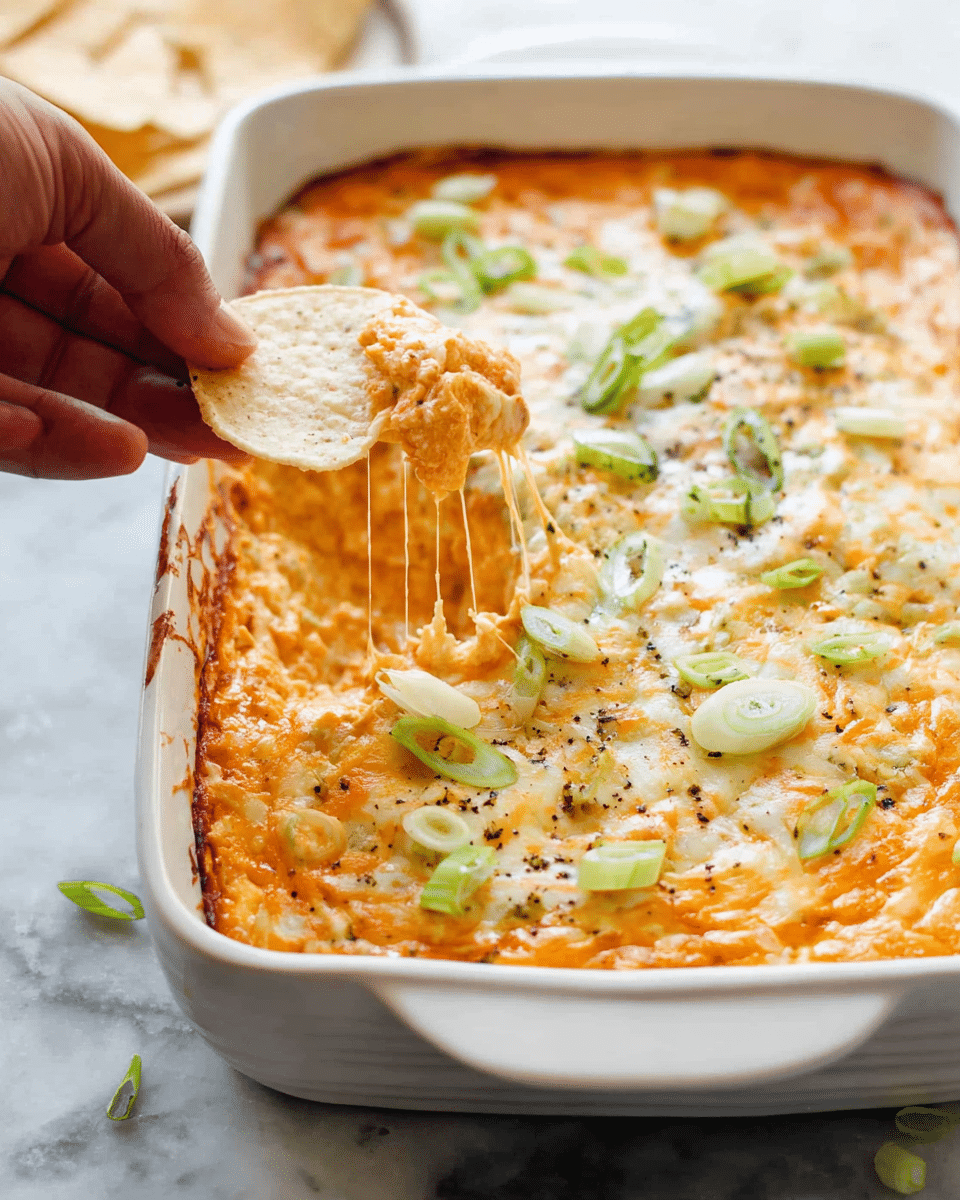 A white baking dish filled with a baked dip that has a golden melted cheese layer on top, scattered with sliced green onions and visible black pepper. The dip has one main thick layer beneath the cheese, showing a creamy, slightly orange base likely made of cheese mixed with other ingredients. A woman's hand is lifting a portion of the dip using a light brown tortilla chip, with melted cheese stretching between the dip and the chip. The dish is set on a white marbled surface with a few green onion pieces scattered around. photo taken with an iphone --ar 4:5 --v 7
