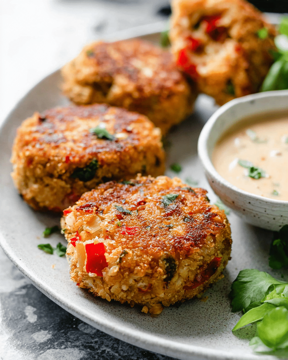 A close-up of three crispy golden brown crab cakes with visible bits of red pepper and green herbs inside, placed on a white plate; the crab cakes have a crunchy textured crust and soft, chunky interior. To the right, there is a small white bowl filled with creamy light beige dipping sauce garnished with green herbs, and a few green salad leaves scattered nearby. The background shows a white marbled surface, creating a clean and fresh look. Photo taken with an iphone --ar 4:5 --v 7