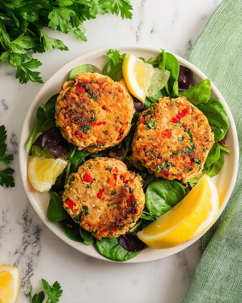 A white round plate sits on a white marbled surface, holding three golden-brown patties with visible pieces of red bell pepper and green herbs, each patty slightly crispy and thick. The patties rest on a bed of fresh dark green spinach and mixed leafy greens, adding texture and color. Two bright yellow lemon wedges are placed on the right side of the plate, adding a fresh contrast. Around the plate, there is a sprig of green parsley on the left and a folded green cloth on the right side of the frame. photo taken with an iphone --ar 4:5 --v 7