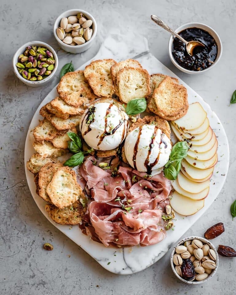 Burrata Appetizer with Pear, Prosciutto, Dates, and Balsamic Glaze Recipe