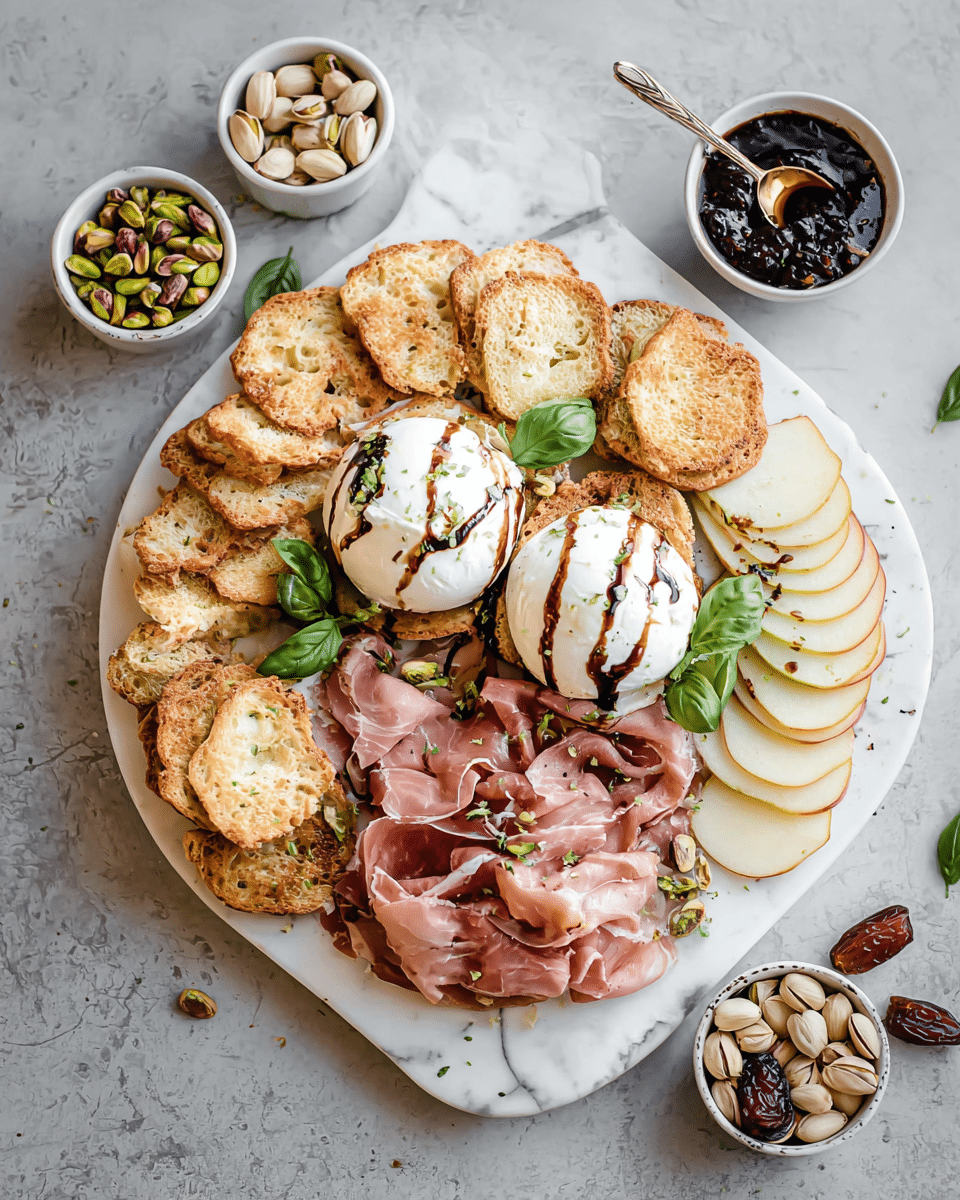 A large white marble board holds a round arrangement of sliced bread crisps all around its edge with light golden crusts and airy holes. Inside the circle are two large white burrata cheese balls drizzled with dark balsamic glaze, placed side by side near the center. Below and around the cheeses is a layer of thinly folded pink prosciutto, with several fresh green basil leaves scattered on top. To the right of the cheeses and meat, thin slices of light yellow pear fan out in neat rows. Small white bowls filled with light brown nuts and a dark jam with a spoon stand near the pears and breads. At the top left near the bread is a small pile of green pistachios and some dates with deep brown skin; these layer on a white marbled surface. The whole setup displays a mix of soft, crunchy, and fresh textures with warm and cool colors. photo taken with an iphone --ar 4:5 --v 7