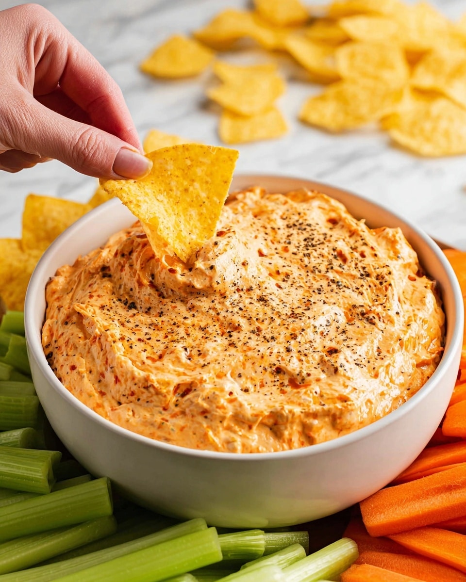 A white bowl filled with creamy, textured orange dip sprinkled with black pepper on top; a woman's hand is dipping a lightly salted yellow corn chip into the dip. Surrounding the bowl are fresh, vibrant green celery sticks and bright orange carrot sticks, all placed on a white marbled surface. Extra yellow corn chips are scattered in the background. photo taken with an iphone --ar 4:5 --v 7