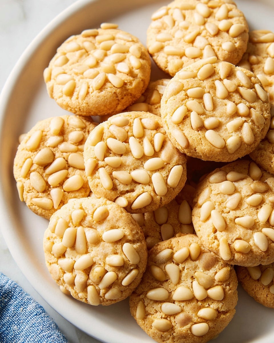 A close-up view shows round cookies covered with many small pale pine nuts. Each cookie is golden brown with a slightly rough texture, and the pine nuts are spread evenly on the top and sides, creating a bumpy surface. The cookies lie closely together on a large white plate. The background is a white marbled texture and part of a blue and white cloth is seen on the side. Photo taken with an iphone --ar 4:5 --v 7