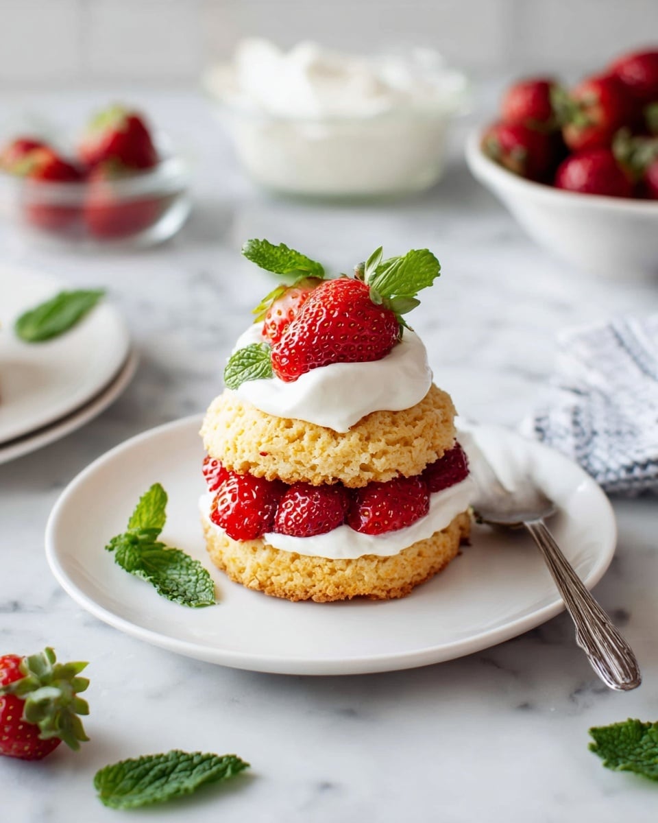 A small strawberry shortcake sits on a white plate on a white marbled surface. The shortcake has three layers: the bottom layer is a golden, crumbly biscuit; the middle layer is filled with thick white cream and whole red strawberries; the top layer is another biscuit topped with a dollop of cream, two halved strawberries, and a small green mint leaf. Around the plate are scattered fresh mint leaves, a silver spoon, a bowl of strawberries, and a bowl of cream in soft focus. Photo taken with an iphone --ar 4:5 --v 7