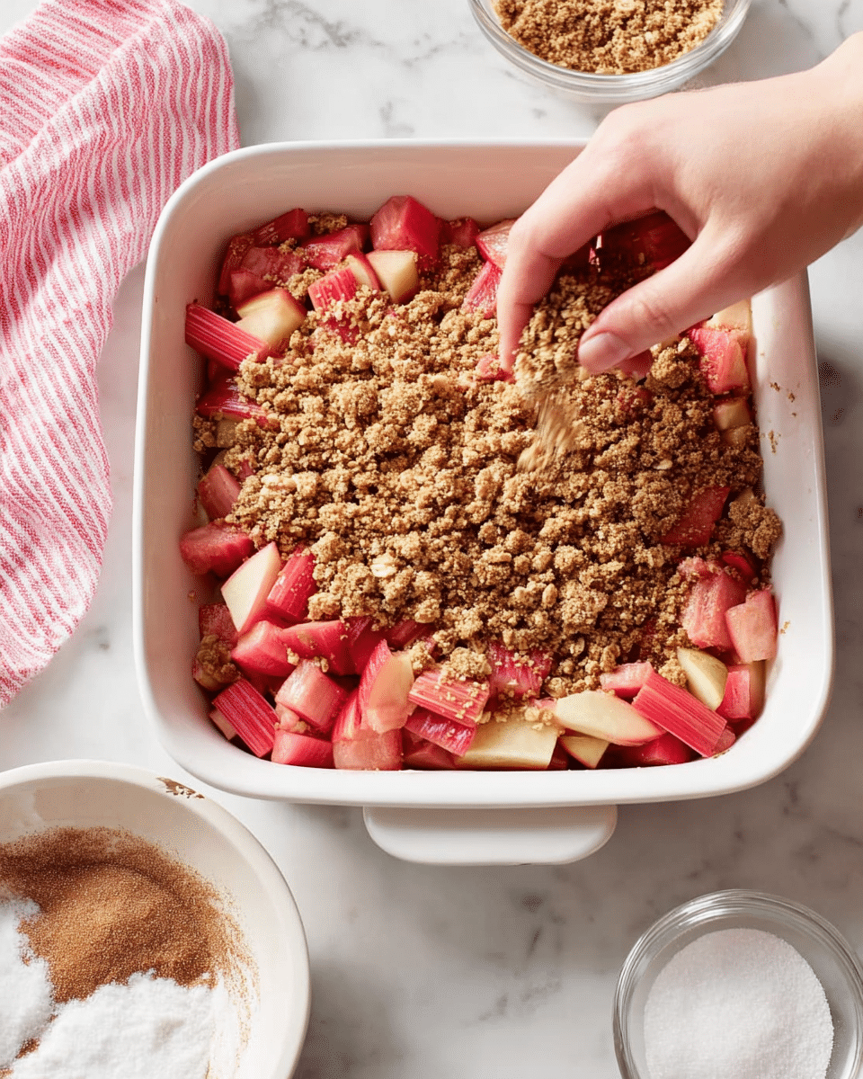 A white square baking dish filled with chopped pink and light green rhubarb pieces at the bottom layer. On top, a crumbly oat and brown sugar mixture is being sprinkled by a woman's hand coming from the right side of the image. Next to the baking dish, on the white marbled surface, are a white bowl with the same crumbly topping and a small clear bowl with white sugar and cinnamon visible inside. A pink and white striped cloth is partly shown in the top left corner. The lighting is bright, highlighting the textures and colors clearly. Photo taken with an iphone --ar 4:5 --v 7