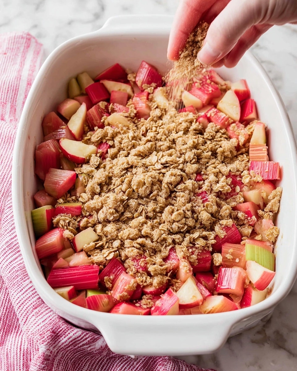 A white baking dish is filled with chopped rhubarb pieces, which are pink and light green, forming the bottom layer. On top, a woman's hand is sprinkling a crumbly topping made of oats and brown sugar, covering the fruit unevenly. The dish is placed on a white marbled surface with a pink and white striped cloth partially visible on the left side. The textures contrast between the smooth, juicy fruit and the coarse, crumbly oat topping. Photo taken with an iphone --ar 4:5 --v 7