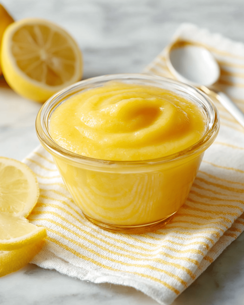 A small clear glass bowl filled with smooth, thick, bright yellow lemon curd. The curd has a slight swirl on top showing its creamy texture. The bowl is sitting on a white cloth with thin yellow stripes, and there are two lemon slices leaning against the bowl on the left side. The background is a white marbled surface with a blurred lemon and white spoon in the upper part of the photo. Photo taken with an iphone --ar 4:5 --v 7