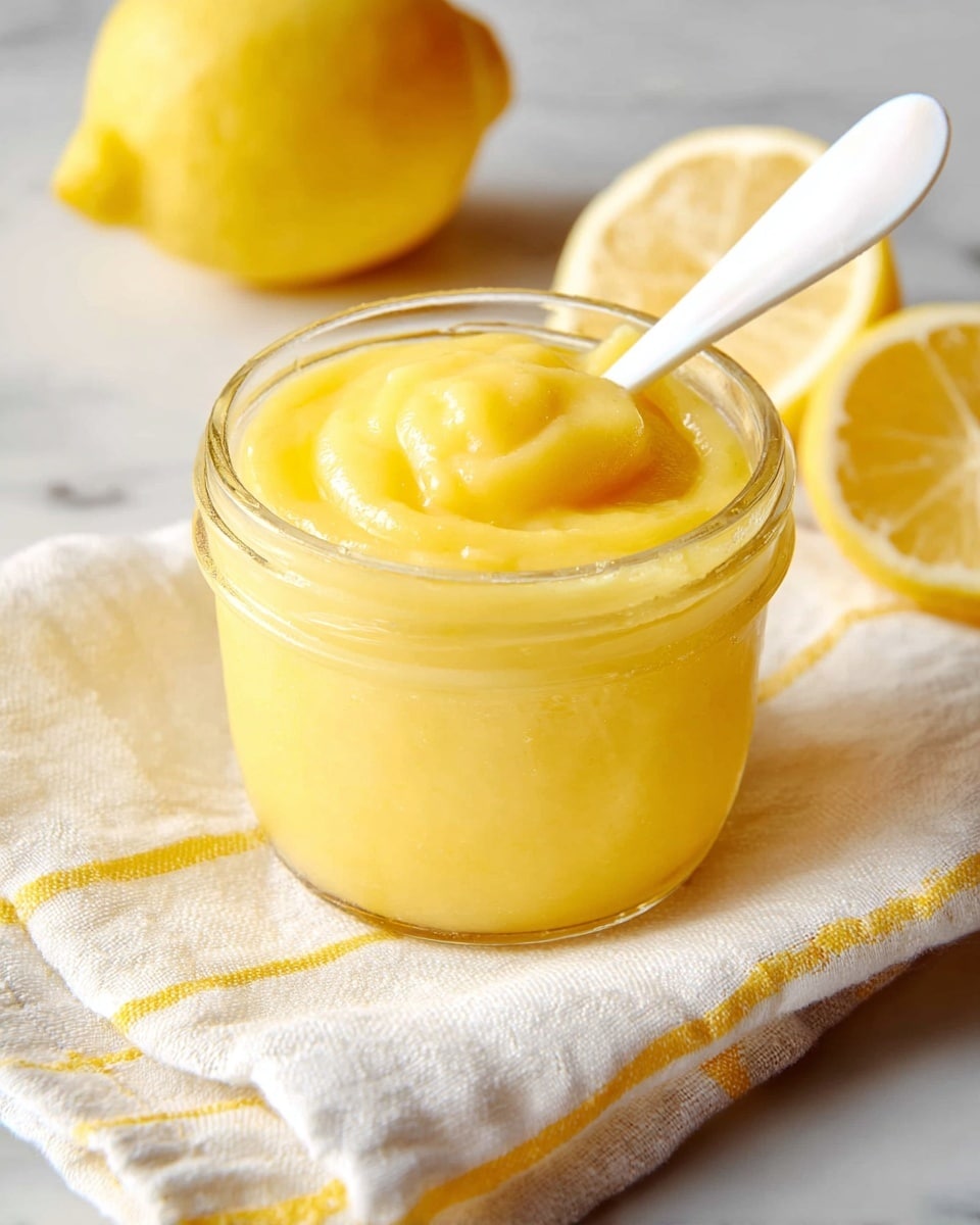 A small clear glass jar filled with smooth, thick lemon curd that has a bright yellow color and creamy texture, with a white spoon dipped in it creating gentle swirls on the surface. The jar is placed on a white cloth with thin yellow stripes, next to a fresh yellow lemon cut into a wedge and half a lemon in the background on a white marbled surface. photo taken with an iphone --ar 4:5 --v 7