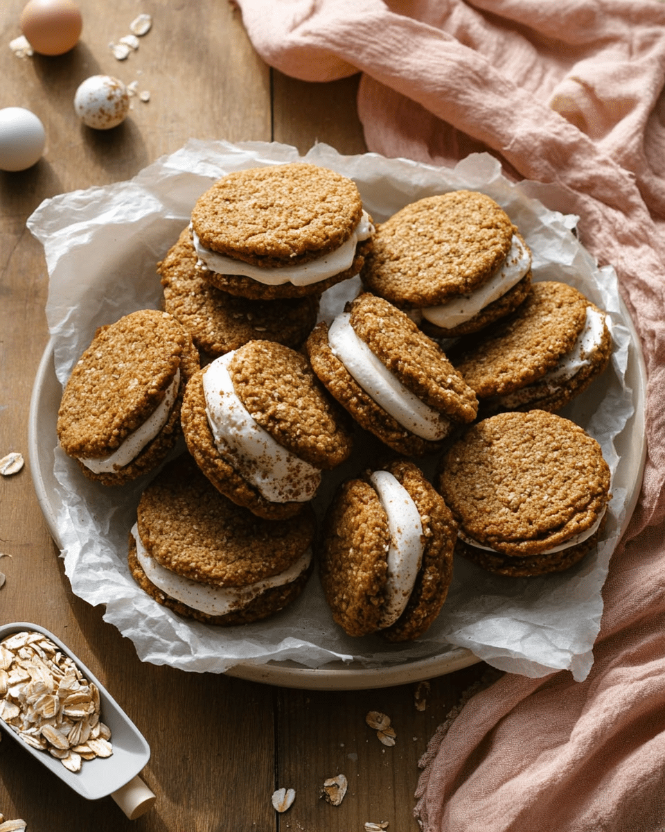 A round white plate lined with crumpled white parchment paper holds about a dozen sandwich cookies made from two rough-textured, golden-brown oatmeal cookies with a thick layer of white cream filling in the middle; the creamy filling looks slightly fluffy and has specks of brown spice sprinkled on it. The cookies are piled casually, some flat and some tilted, showing the sandwich layers clearly. Near the plate is a small white scoop filled with raw oats. The whole scene is set on a wooden surface with a pink cloth and a few small decorative balls around, all inside soft natural light. Photo taken with an iphone --ar 4:5 --v 7