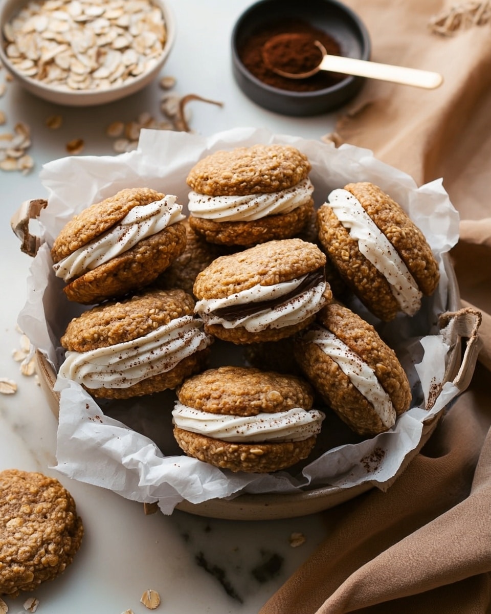 A round white bowl lined with crumpled white parchment paper holds eleven sandwich cookies. Each cookie has two soft, light brown oatmeal-textured layers with visible small oats, sandwiched with a thick, creamy white filling dusted lightly with brown specks on top. The cookies are stacked in a slightly overlapping way, showing their thickness and texture. Nearby, there is a small white measuring cup full of oats, a dark ceramic bowl with cocoa powder, and a light brown cloth napkin, all set on a white marbled surface. Photo taken with an iphone --ar 4:5 --v 7