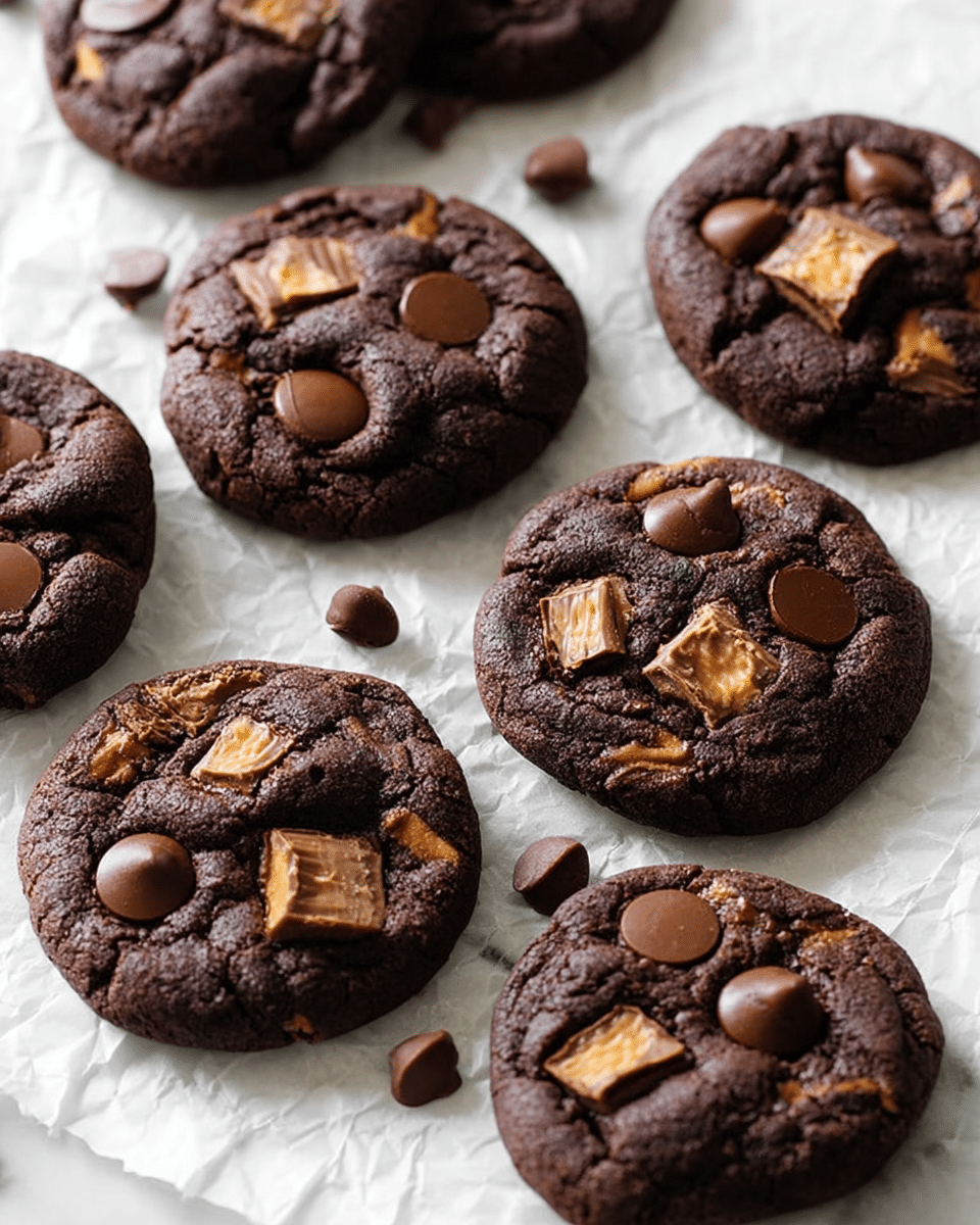 Eight dark brown chocolate cookies with a soft, slightly cracked texture, scattered on crinkled white parchment paper over a white marbled surface. Each cookie has pieces of light brown peanut butter cups embedded on top, with smooth, round dark chocolate chips placed irregularly. The cookies are thick and look moist, highlighting the contrast between the rich dark chocolate base and the lighter, creamy peanut butter pieces. Photo taken with an iphone --ar 4:5 --v 7