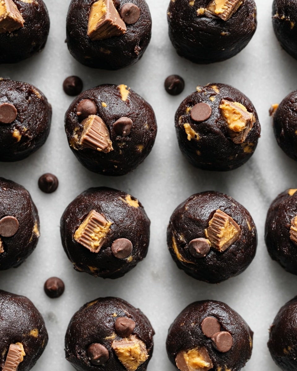Close-up view of many dark chocolate cookie dough balls arranged in neat rows on a white marbled surface. Each cookie dough ball has a rich, glossy dark brown color with a slightly rough texture, showing swirls of peanut butter mixed in. The tops of the dough balls are decorated with chunks of peanut butter cups that have a light brown peanut butter filling covered with milk chocolate, and a few dark chocolate chips scattered around. The dough balls are all evenly sized and spaced, creating a neat and tasty pattern. photo taken with an iphone --ar 4:5 --v 7