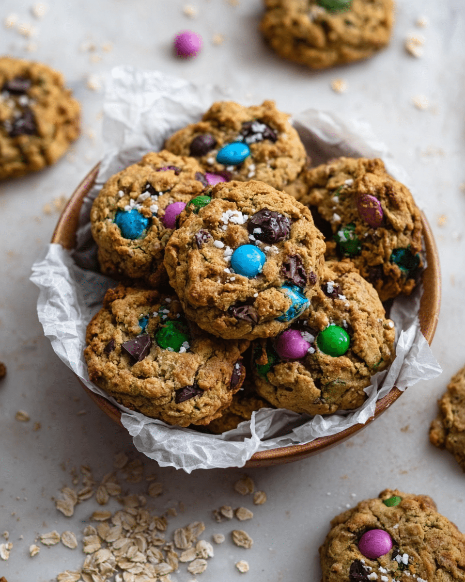 A bowl filled with several chunky cookies with a rough, golden brown texture, layered with colorful candy pieces in bright blue, green, purple, and pink on their surfaces. The cookies are rough and studded with dark chocolate bits and sprinkled with coarse sea salt. The bowl is lined with white parchment paper, resting on a white marbled texture with scattered oats and cookie crumbs around. Additional cookies are scattered and blurred in the background. photo taken with an iphone --ar 4:5 --v 7