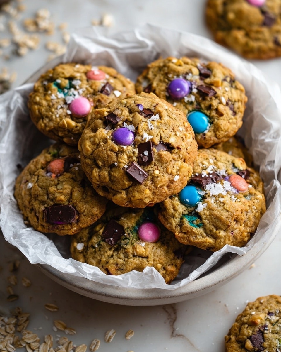 A white bowl lined with crumpled white parchment paper holds a pile of chunky cookies. Each cookie is light golden brown with a rough texture from oats and nuts. Scattered on top and embedded inside are colorful candy pieces in purple, pink, blue, and green, along with dark chocolate chunks. The cookies are sprinkled with coarse sea salt flakes, adding a crystallized white touch on the surface. The bowl is set against a white marbled background with some scattered oats and seeds nearby. photo taken with an iphone --ar 4:5 --v 7