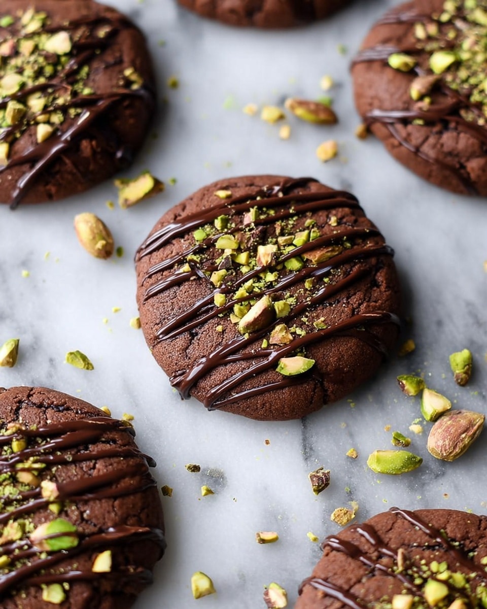 The image shows several round chocolate cookies placed on a white marbled surface. Each cookie is dark brown with a soft texture, topped with thin dark chocolate drizzle creating fine lines across the top. There are small pieces of chopped green pistachios and light brown nuts scattered over the cookies, adding color and texture contrast. The cookies are spaced apart, with some scattered nut pieces lying around them on the surface. photo taken with an iphone --ar 4:5 --v 7
