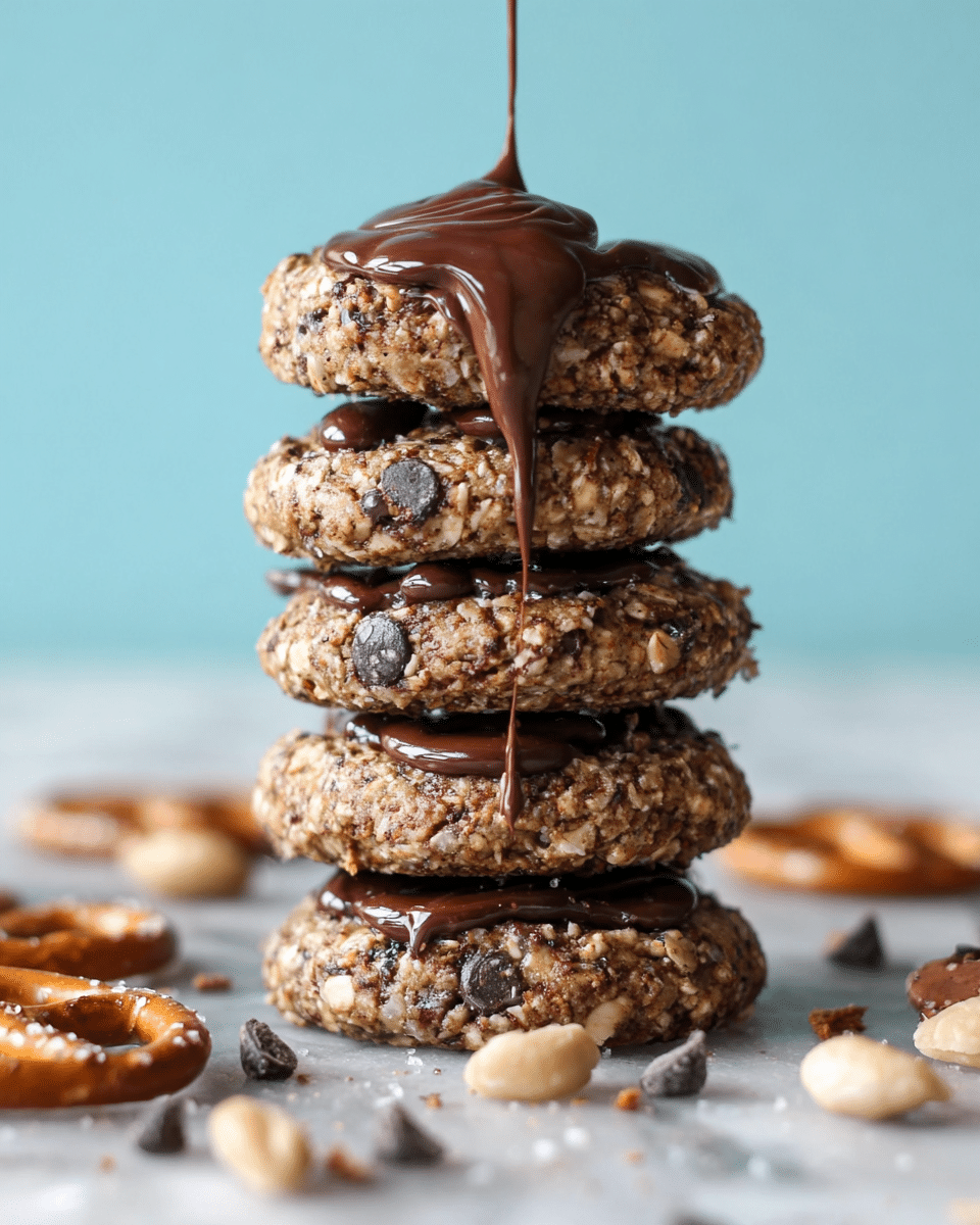 A stack of five thick, round cookies with a coarse, nutty texture and light brown color sits on a white marbled surface. Each cookie is studded with chocolate chips and small nut pieces, and a smooth, glossy drizzle of dark chocolate is pouring onto the top cookie from above, spreading slightly over its surface. Around the base of the cookie stack are scattered chocolate chips, pieces of peanuts, and a pretzel piece, adding a sense of the ingredients used. The background is a solid light blue, creating a calm contrast with the warm tones of the cookies. photo taken with an iphone --ar 4:5 --v 7