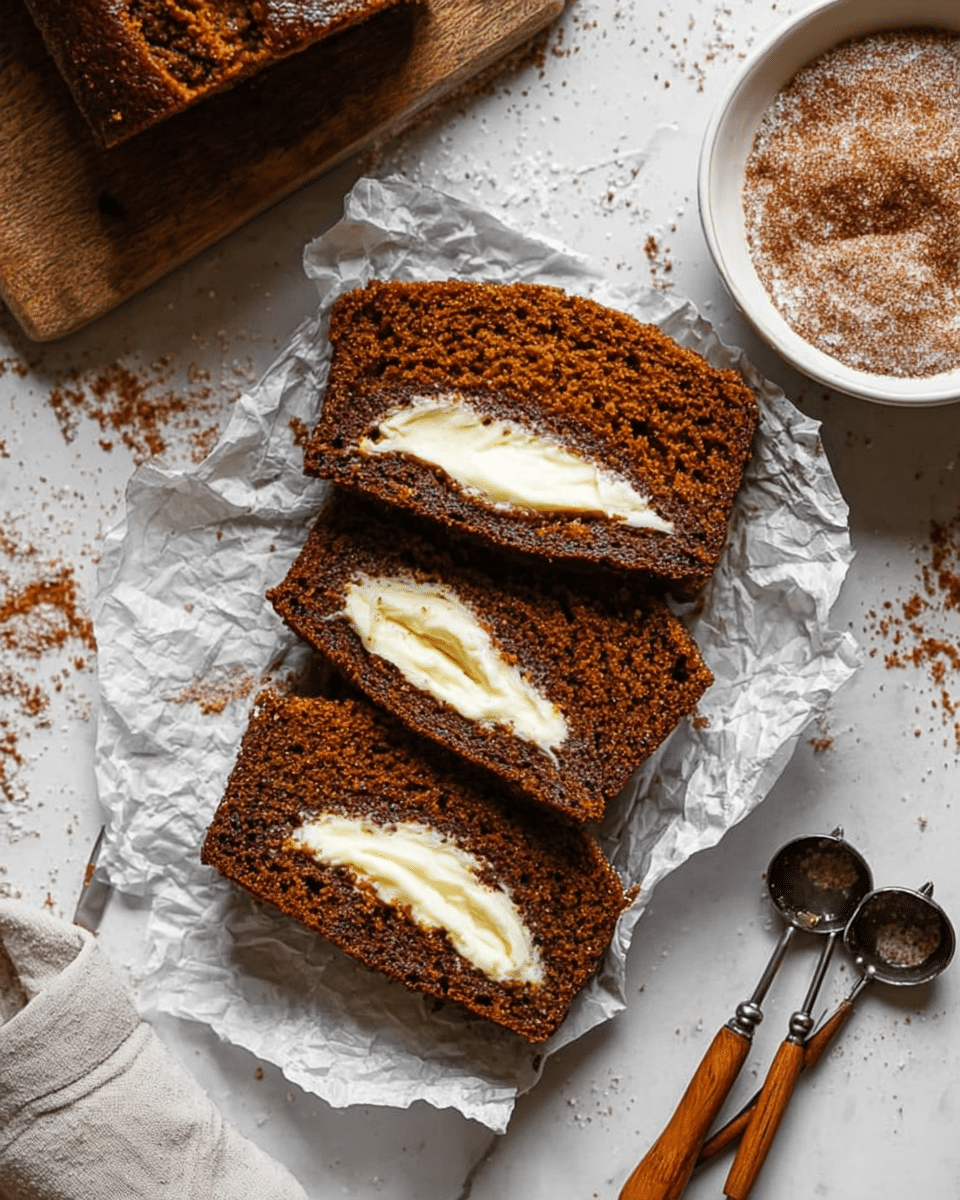 The image shows four slices of pumpkin bread with a cream cheese swirl running through the middle of each slice; the bread is dark orange-brown with a moist texture, and the cream cheese center is pale yellow and smooth, contrasting with the bread. The slices rest on a crinkled piece of white parchment on a dark wooden surface dusted lightly with cinnamon powder. Nearby are two small bright orange pumpkins and brass measuring spoons, along with a white bowl filled with a brown spice mix. The light is natural, giving a warm feel to the scene. photo taken with an iphone --ar 4:5 --v 7