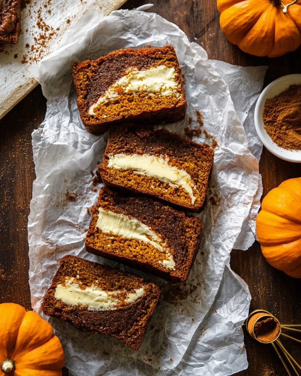 Three slices of a brown cake with a creamy white layer running through the middle lie on crumpled white parchment paper over a wooden surface. The cake’s texture looks soft and moist with a rough, darker brown crust on the edges, while the creamy white filling is smooth and bright, contrasting with the rich brown of the cake. To the right, there is a white bowl filled with a mix of brown and white granules, possibly cinnamon sugar, and next to it, a set of small metal measuring spoons with wooden handles. The scene is set on a white marbled texture background with some scattered powder sprinkled around. Photo taken with an iphone --ar 4:5 --v 7