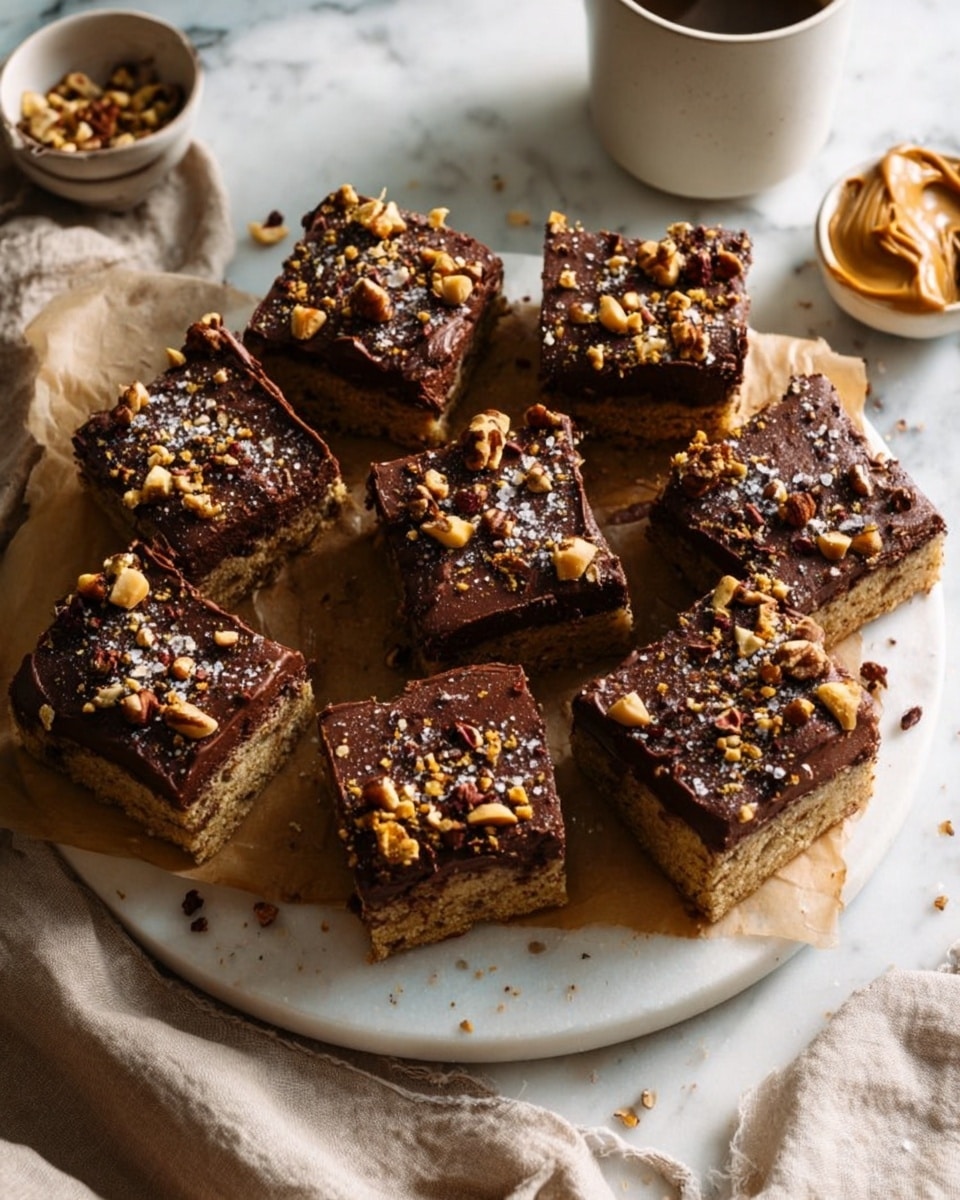 The image shows eight square pieces of cake arranged on white parchment paper, placed on a round white plate. Each slice has two layers: the bottom layer is light beige and soft, forming the cake base, and the top layer is thick, dark brown chocolate frosting with a slightly rough texture. The frosting is sprinkled with chopped hazelnuts and small bits of sea salt, adding a crunchy look. Around the plate, there are some scattered hazelnuts and crumbs on a white marbled surface. The scene includes a beige cloth napkin and a white mug partially visible at the top right corner. photo taken with an iphone --ar 4:5 --v 7