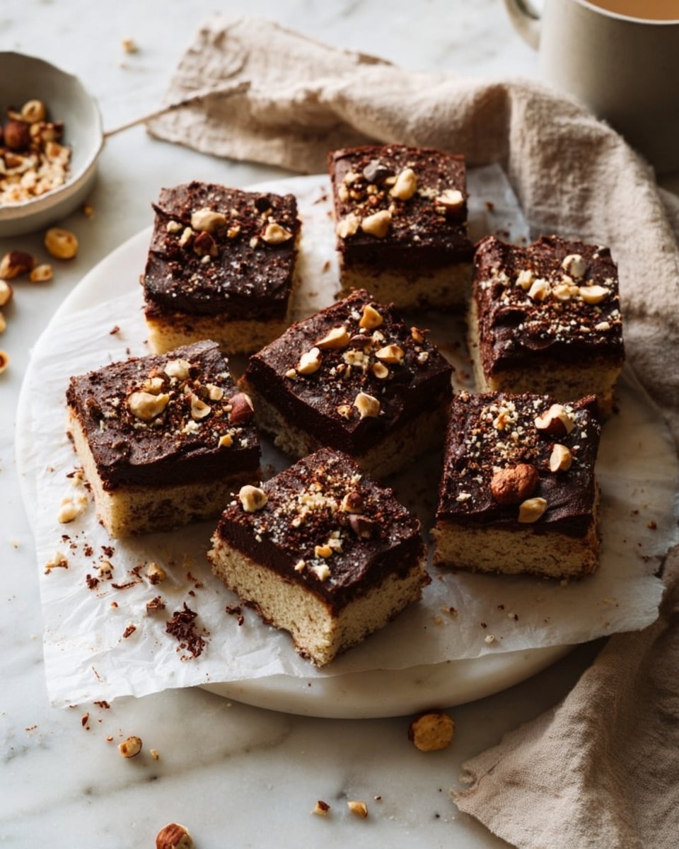 The image shows nine square pieces of cake arranged on a white round plate with parchment paper. Each piece has a thick top layer of dark brown chocolate frosting, sprinkled with golden brown and tan chopped nuts and a few dark brown nut pieces. The cake base is light tan and looks soft and moist. Some coarse salt crystals are lightly scattered on the chocolate frosting. The plate sits on a white marbled surface with a folded light brown cloth nearby. A white ceramic cup and a small bowl with peanut butter are partially visible near the plate. Photo taken with an iphone --ar 4:5 --v 7