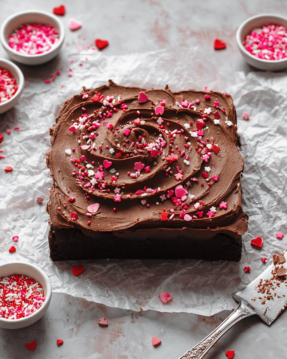 Nine square chocolate brownies sit on crinkled white parchment paper over a white marbled texture. Each brownie has one thick layer of smooth chocolate frosting swirling across the top with uneven peaks, sprinkled with small red, pink, white, and orange candy sprinkles of different shapes like dots and sticks. Around the brownies, small sprinkles and some flaky sea salt are scattered. To the side, a small white bowl holds a bright mix of red, pink, and orange sprinkles. A silver knife rests on the white marbled surface nearby, with a bit of chocolate on its blade. Photo taken with an iphone --ar 4:5 --v 7