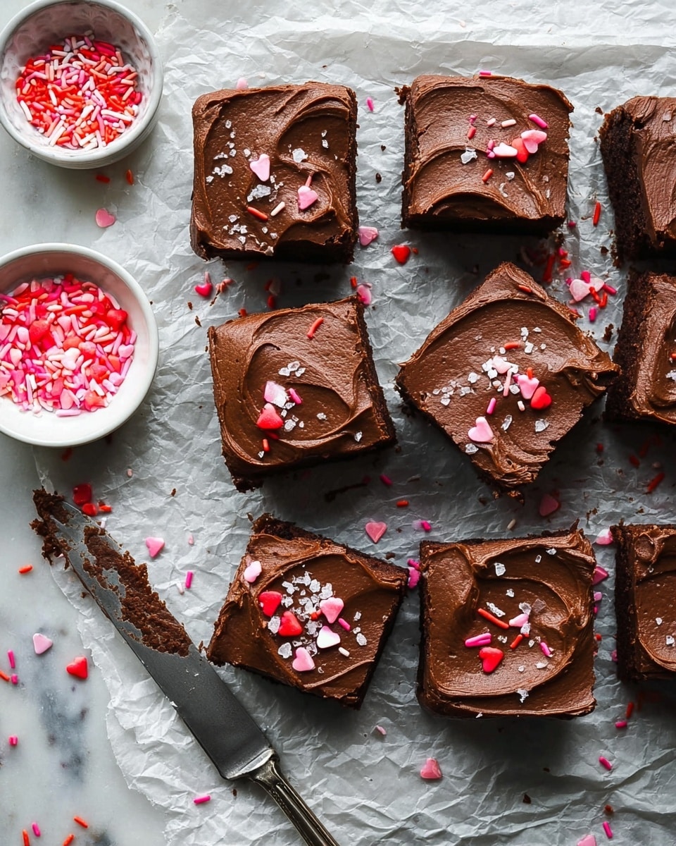 The image shows a square chocolate cake with a thick layer of smooth, swirled chocolate frosting on top. The frosting is decorated with pink, red, and white sprinkles of different shapes and sizes scattered across the surface. The cake sits on crumpled white parchment paper, placed on a white marbled texture. Surrounding the cake are small white bowls filled with more colorful sprinkles, and a silver spatula with some chocolate frosting on its edge lies nearby. photo taken with an iphone --ar 4:5 --v 7