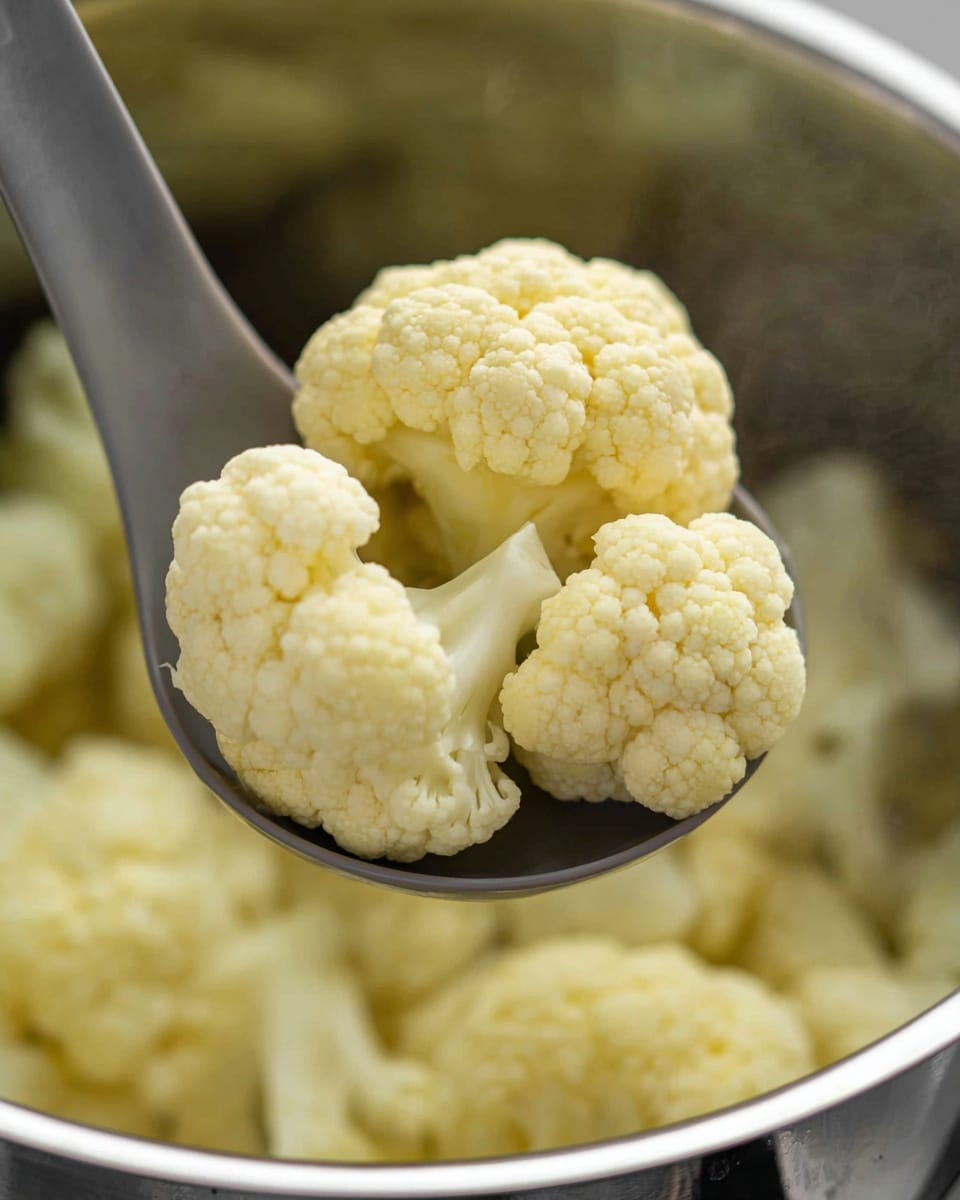 A close-up image showing three light yellow cauliflower florets on a gray spoon held over a stainless steel pot filled with more cauliflower pieces. The florets have a bumpy, textured surface with a few cut edges visible. The steam from cooking can be seen slightly softening their look against the shiny metal pot background. The scene has a clean and simple feel with a soft focus on the pot's contents below the spoon. photo taken with an iphone --ar 4:5 --v 7