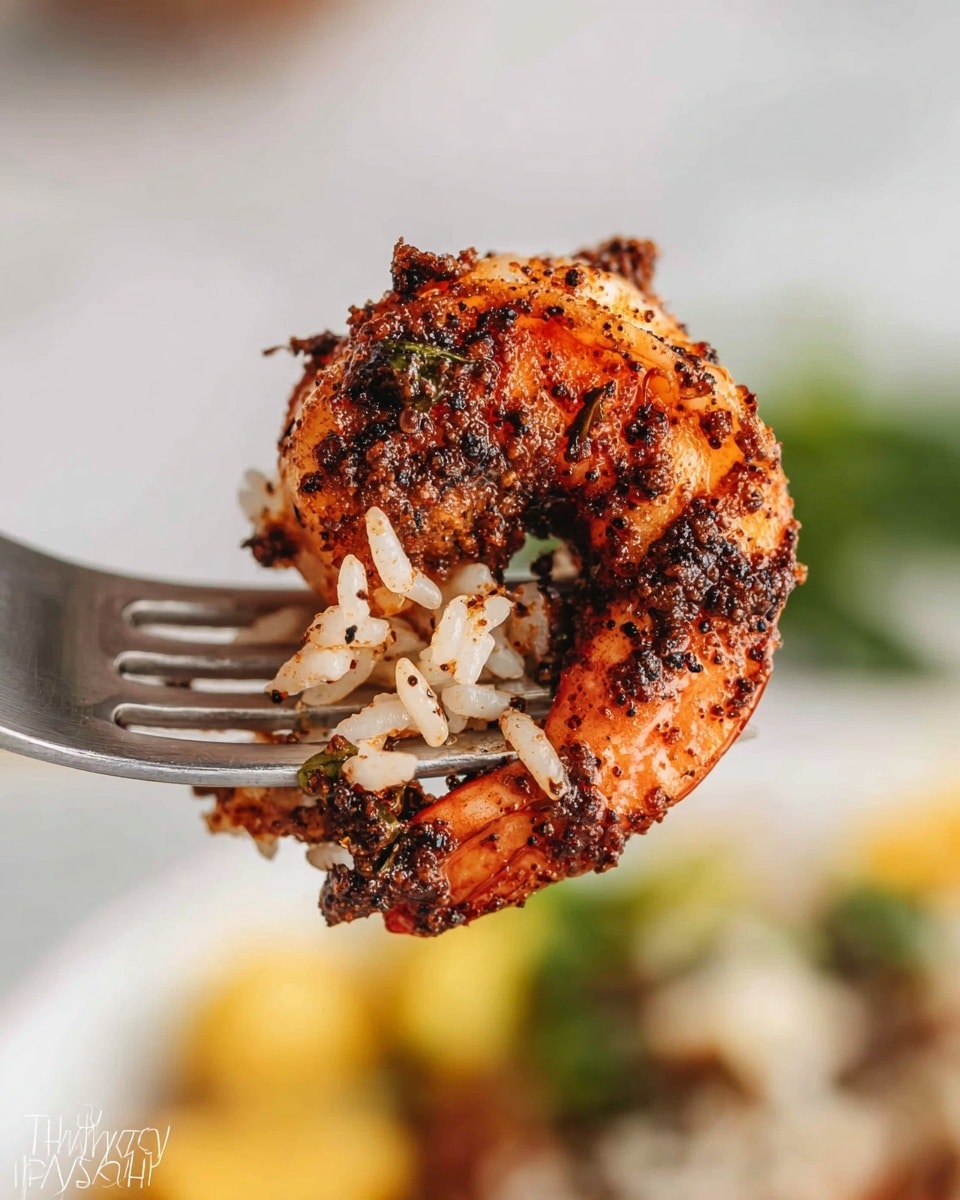 A close-up image of a single cooked shrimp heavily coated with dark, coarse spices, showing a textured mix of reddish-orange and black specks on its curved body. Small bits of white rice with slight browning cling to the shrimp, resting on a silver fork held up close to the camera. The background is softly blurred with hints of green and yellow colors, placed over a white marbled surface. photo taken with an iphone --ar 4:5 --v 7