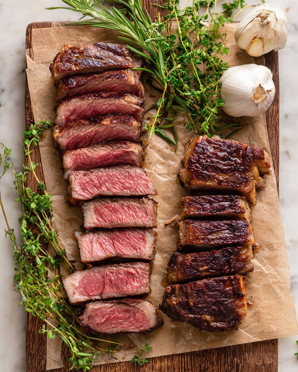 The image shows a wooden board topped with parchment paper holding two stacks of sliced cooked steak. The left stack has eight evenly cut pieces of medium-rare steak, displaying pink centers and browned edges with a slight char. The right stack has six slightly thicker pieces with deeper pink centers and darker, crispier edges. Fresh green herbs, including sprigs of rosemary and thyme, lie above the meat near a whole garlic bulb. Everything is laid on a white marbled texture. photo taken with an iphone --ar 4:5 --v 7