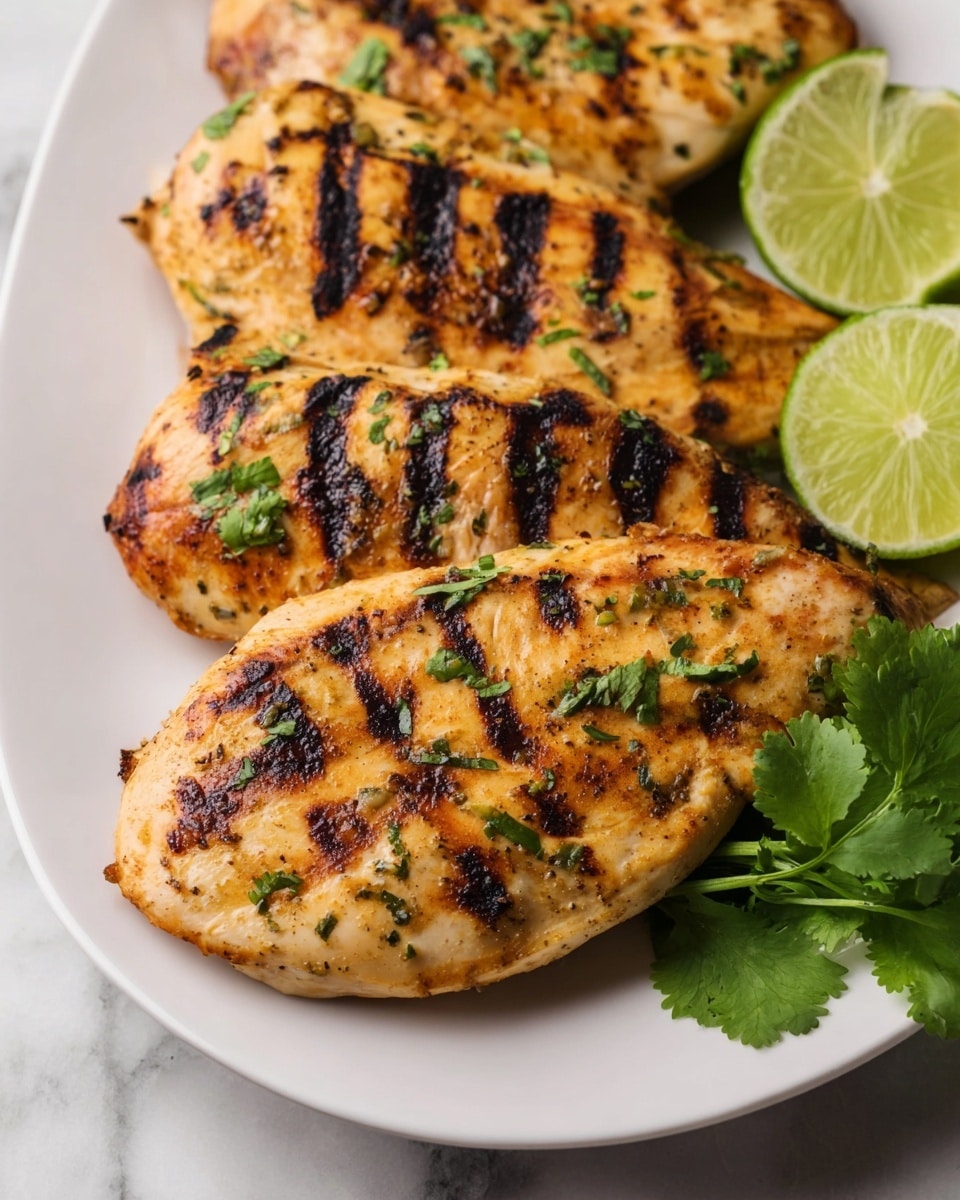 The image shows several pieces of grilled chicken breast layered closely together on a white plate. The chicken has a golden brown color with distinct dark grill marks running diagonally across the surface. There are small green herb pieces sprinkled over the chicken, adding a fresh look. Two lime wedges sit to the top right side of the plate. Fresh green cilantro leaves are placed at the bottom right corner of the plate, contrasting with the chicken. The plate is set on a white marbled surface. photo taken with an iphone --ar 4:5 --v 7