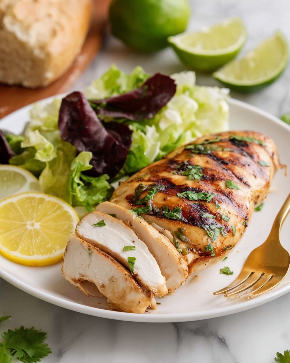 A white plate holds a thick grilled chicken breast sliced towards the front right, showing its white juicy inside and golden-brown grilled outside with dark grill marks and green herb pieces on top. Behind the chicken, a fresh salad mix with pale green lettuce and dark reddish-purple leaves fills the right side. Two lime wedges rest at the back left of the plate, next to a piece of light brown crusty bread that is partially visible. In the foreground on the white marbled surface are cut citrus fruits, including a yellow lemon wedge and a green lime half. A golden fork is placed on the right edge of the plate. Photo taken with an iphone --ar 4:5 --v 7