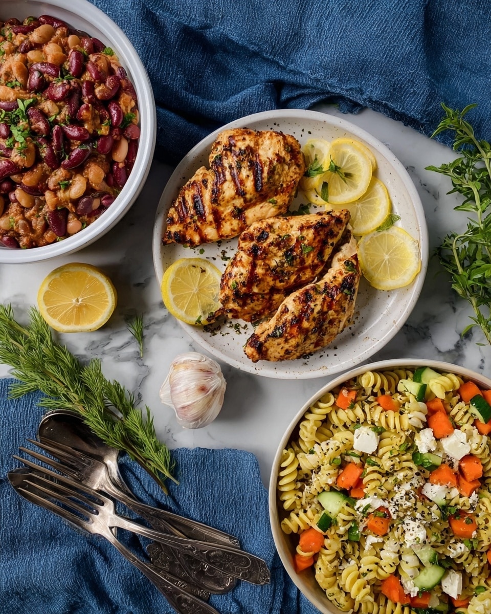 The image shows three plates of food on a white marbled surface with some green herbs scattered around. In the center foreground, a white plate holds three grilled chicken breasts with clear char marks, placed next to a few lemon slices, green herbs, and a lemon half with a garlic bulb beside it. To the left, there is a white bowl filled with a colorful bean chili made from red kidney beans, pinto beans, and browned ground meat. On the right, a white bowl contains a pasta salad with curly rotini pasta mixed with small broccoli pieces, cherry tomatoes, cucumber slices, carrot rounds, and white cheese chunks, all sprinkled with black pepper. A blue linen cloth lies beneath the bowls, with four silver forks resting on it next to the chicken plate. The photo taken with an iphone --ar 4:5 --v 7
