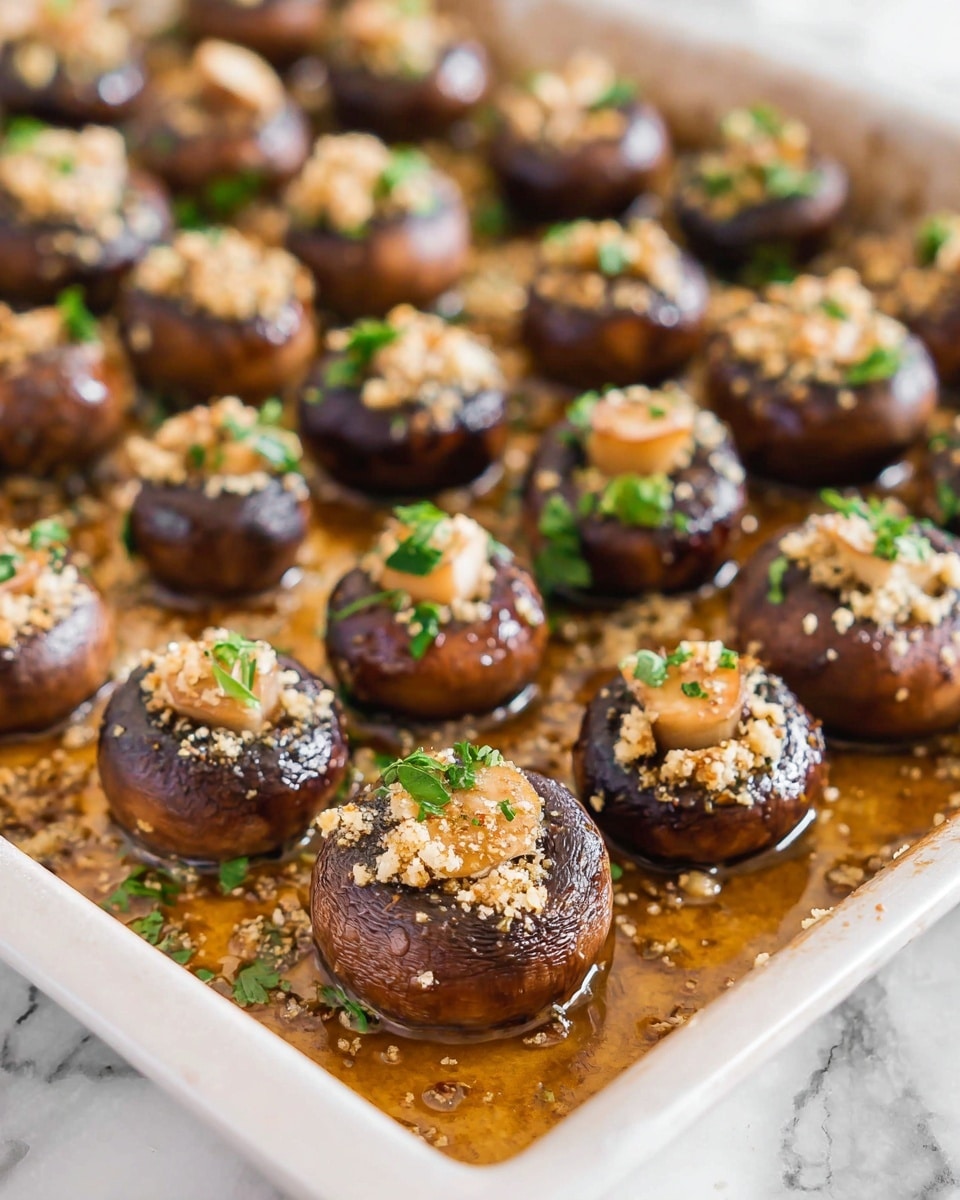 The image shows a white baking tray filled with many whole mushrooms, each topped with a mix of finely chopped light beige garlic and small green parsley leaves. The mushrooms are a deep brown color with a smooth and slightly shiny texture, arranged close together but not crowded. Around the mushrooms, there is a golden brown liquid, likely a garlic sauce, pooling at the tray's bottom, adding a moist and glossy look to the scene. The background is a white marbled texture. Photo taken with an iphone --ar 4:5 --v 7