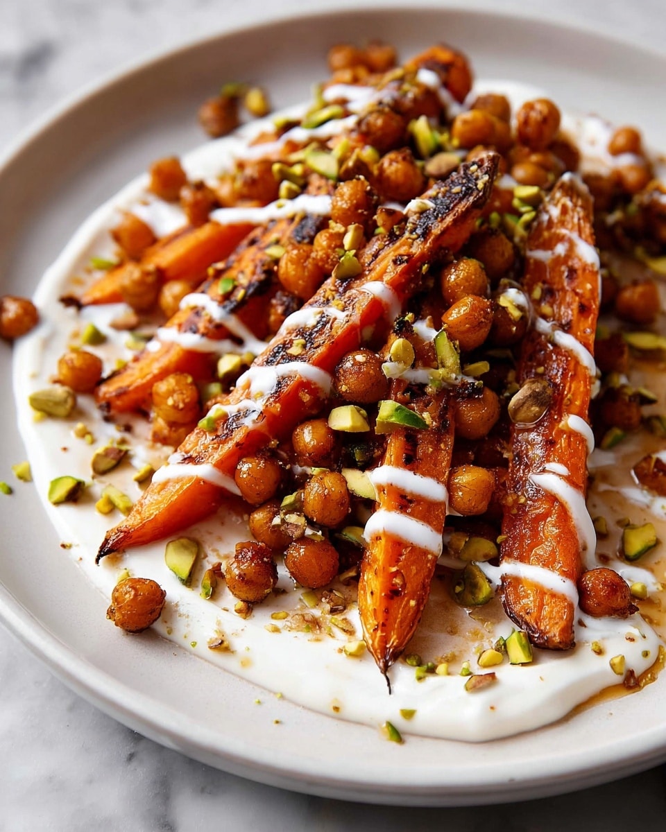 The dish is served on a white plate set on a white marbled surface, featuring a base layer of smooth, creamy white sauce spread thinly across the plate. On top are several thick, roasted orange carrot wedges with slightly charred edges, arranged in a loose pile. The carrots are generously topped with a layer of small, round roasted chickpeas, which are golden brown and crispy. Drizzled over the chickpeas and carrots is a thin white sauce in uneven lines, adding contrast. Small pieces of green chopped nuts are sprinkled over everything, adding texture and color variation. photo taken with an iphone --ar 4:5 --v 7